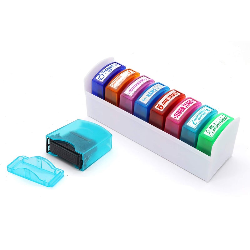 RELIANCER 8PCS Teacher Stamp Set Colorful Self-Inking Motivational Classroom Stamper for Grading Encouraging Rating Stamp Student Parent Signature Stamps for Homework School Homeschool Reward Supplies - Image 1